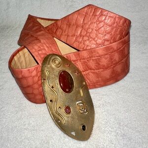 Vtg 80s Nina Gelardi Artisan Salmon Pink Leather Belt Brass Stone Buckle Signed